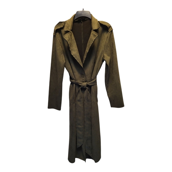 PrettyGarden Olive Green Trench Coat with Belt and Notched Lapels - Size L - Picture 1 of 8